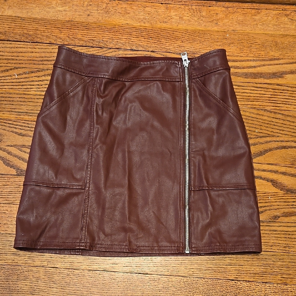 Brown Burgandy Faux Leather Mini Skirt front Zipper Express